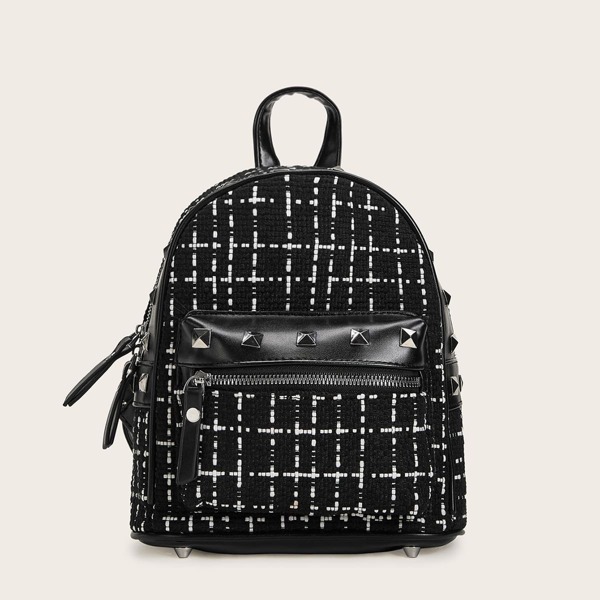 

Studded Decor Pocket Front Plaid Backpack