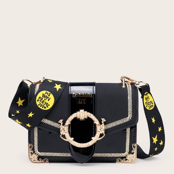 

Stitch Trim Crossbody Bag With Star Print Strap, Black