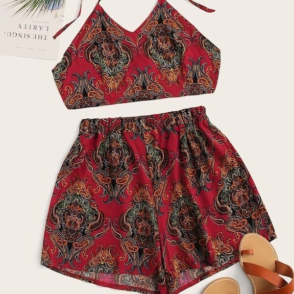

Plus Paisley Print Crop Halter Top & Shorts