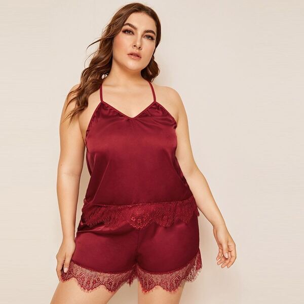 

Plus Lace Trim Satin Cami Top With Shorts