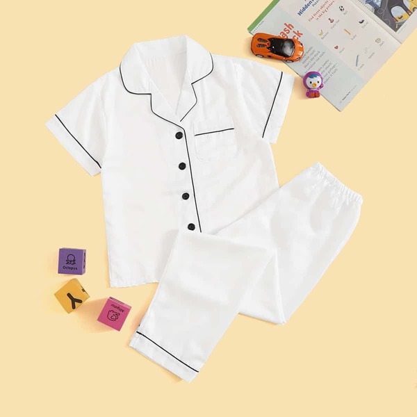 

Boys Contrast Binding Satin Shirt & Pants PJ Set