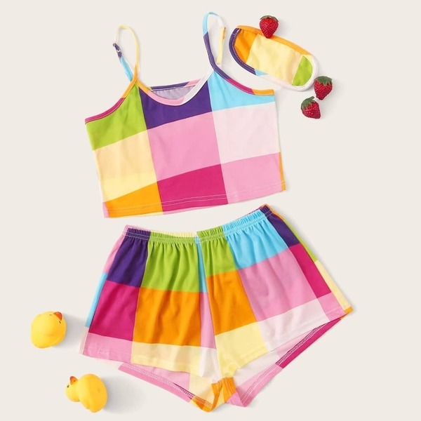 

Girls Plaid Cami PJ Set With Eye Mask, Multicolor