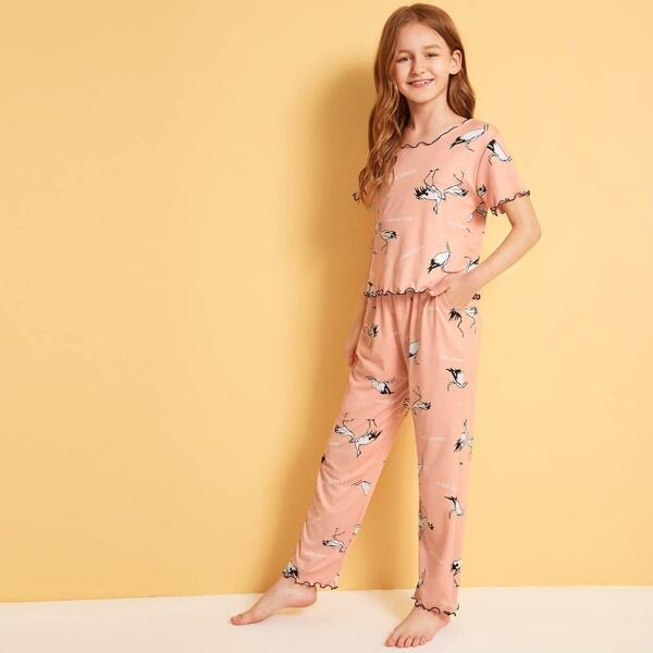 

Girls Crane Print Lettuce Hem Pajama Set, Pink