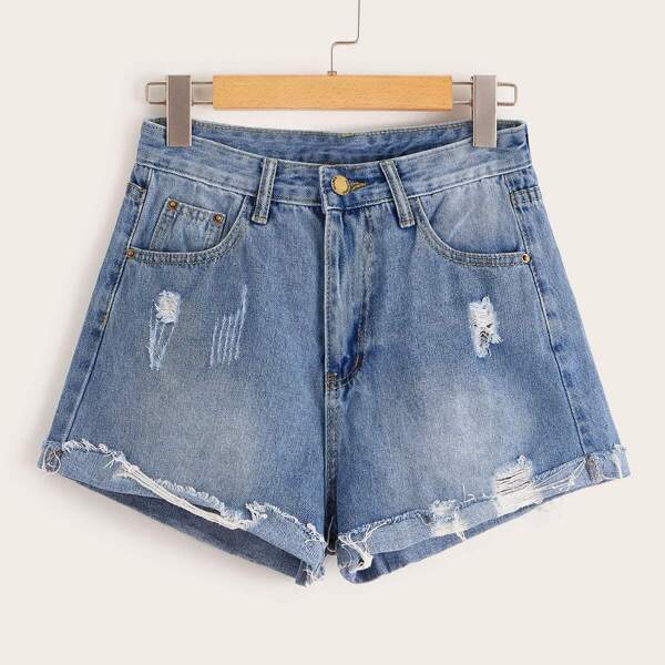 

Plus Button Waist Ripped Denim Shorts, Blue