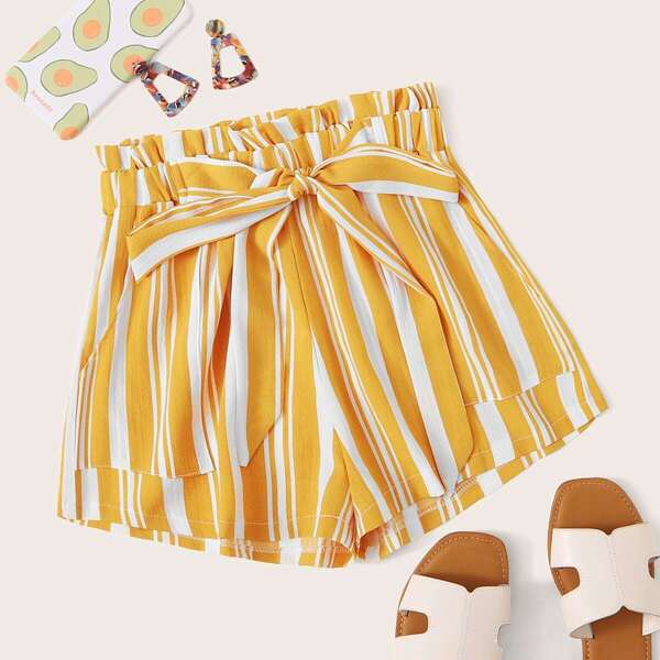

Striped Tie Front Paperbag Shorts, Yellow