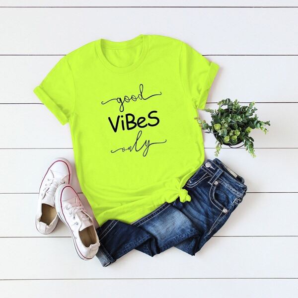 

Neon Green Letter Print Tee, Green bright