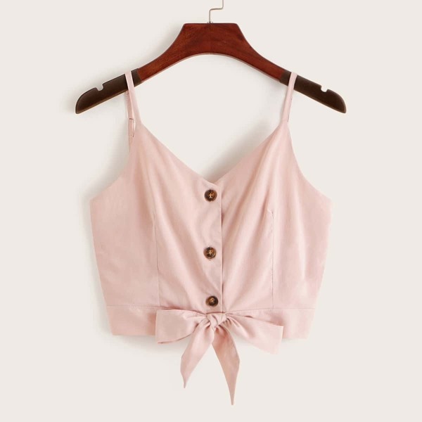 

Solid Button Front Knot Hem Cami Top