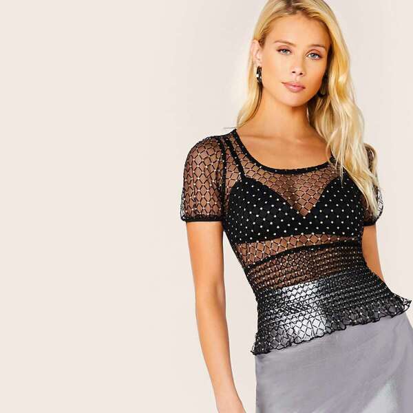 

Shirred Glitter Flocked Mesh Top Without Cami, Black