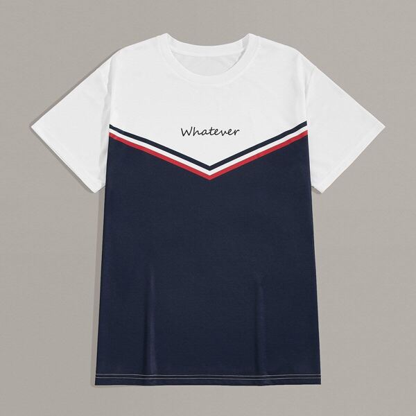 

Men Letter Print Striped Colorblock Tee