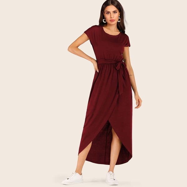 

Solid Tulip Hem Belted Tee Dress