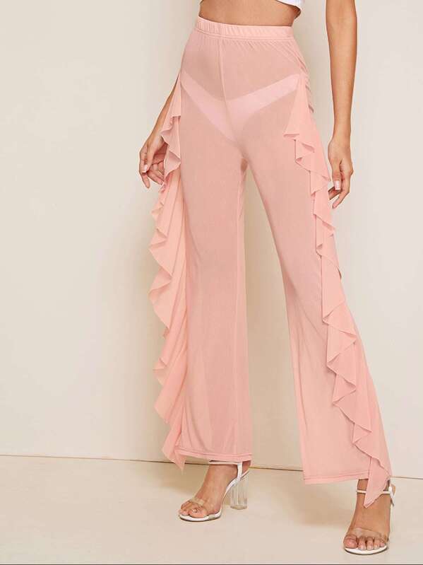 

Ruffle Trim Sheer Mesh Wide Leg Pants