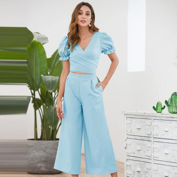 

Tie Back Flounce Sleeve Top & Pants, Blue pastel