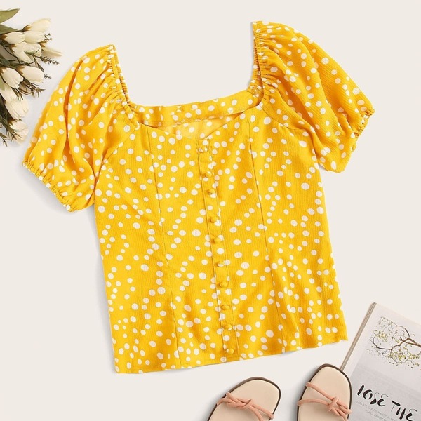 

Polka-dot Button Detail Sweetheart Neck Top, Yellow bright