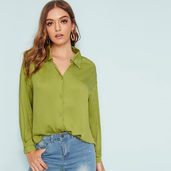 

Solid Drop Sleeve Button Front Blouse