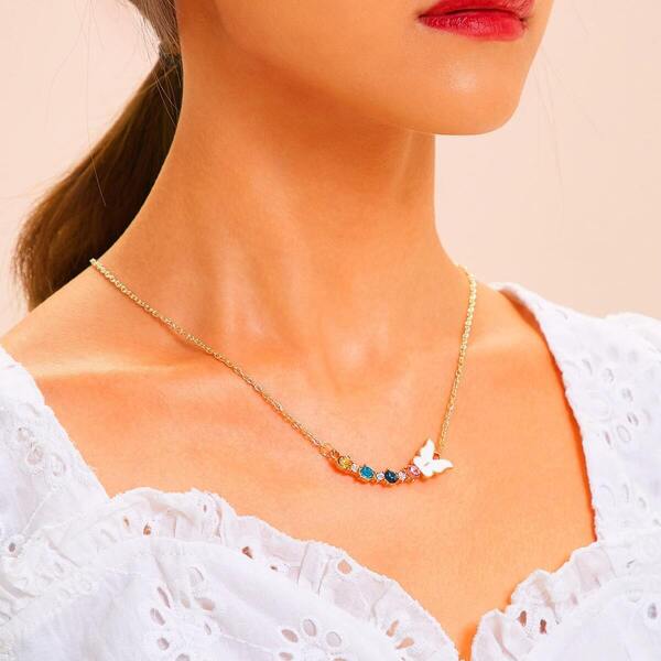 

Butterfly & Rhinestone Charm Chain Necklace 1pc