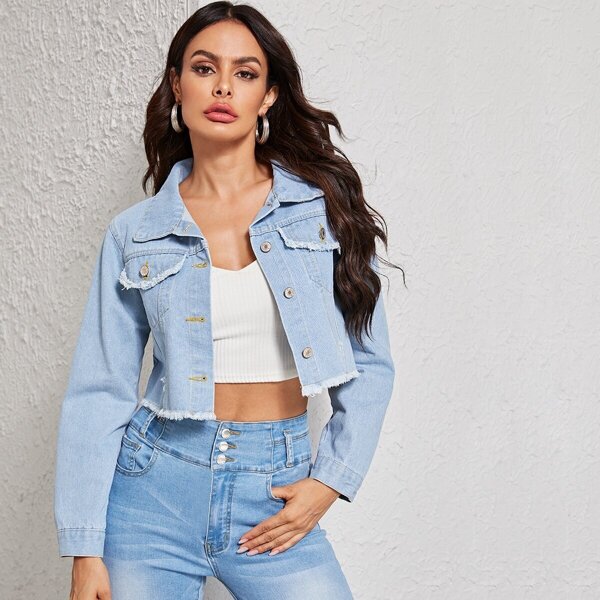 

Topstitching Raw Hem Crop Denim Jacket