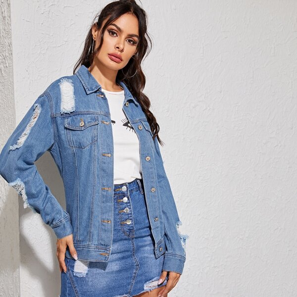 

Ripped Button Detail Pocket Patch Denim Jacket