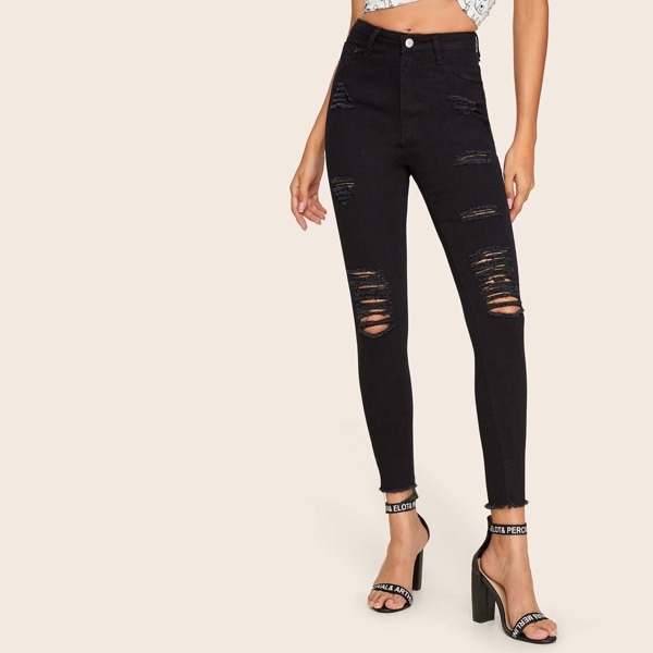 

Solid Raw Hem Ripped Detail Skinny Jeans, Black
