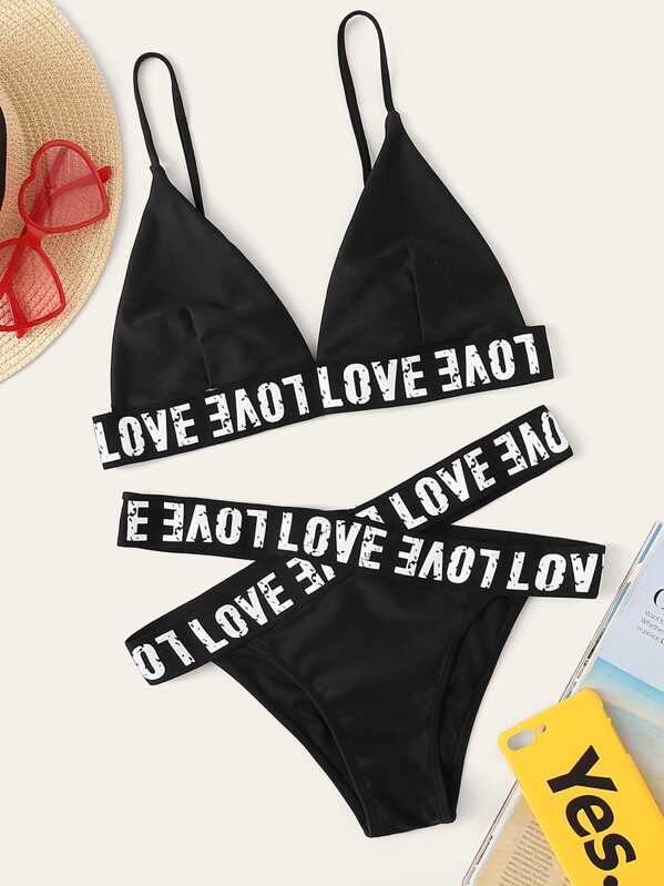 

Letter Tape Triangle Top With Criss Cross Bikini, Black and white, Na na