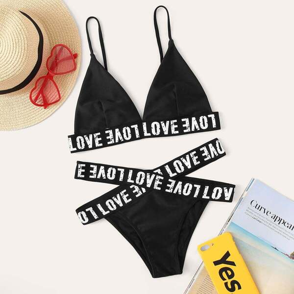 

Letter Tape Triangle Top With Criss Cross Bikini