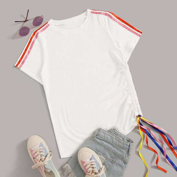 

Rainbow Striped Trim Ribbon Detail Tee
