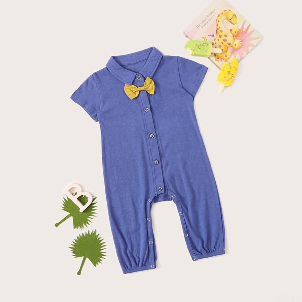 

Baby Boy Bow Neck Popper Romper, Blue
