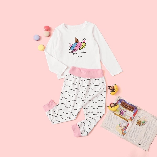 

Toddler Girls Cartoon Print Tee With Pants, White