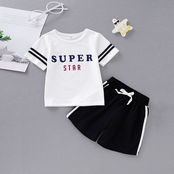 

Toddler Boys Letter Print Tee With Side Striped Shorts, Black and white