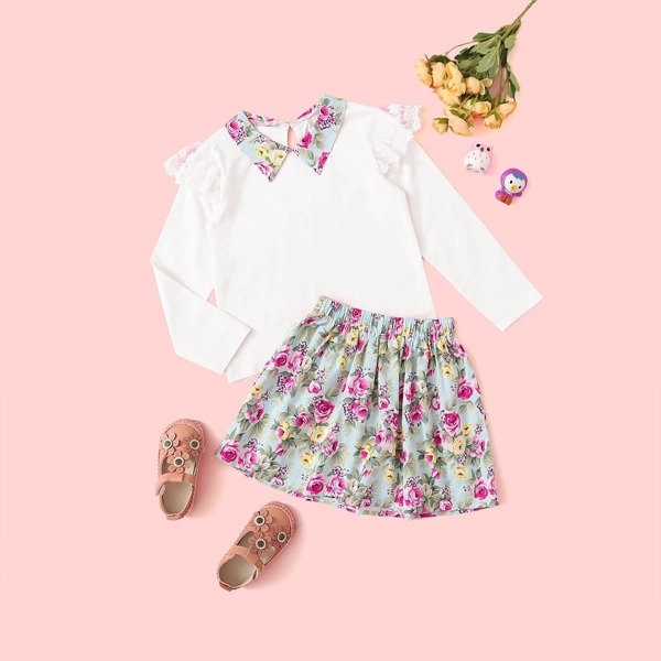 

Toddler Girls Floral Print Contrast Lace Blouse With Skirt