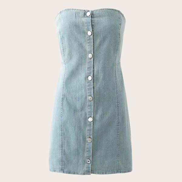 

Solid Button Front Tube Denim Dress