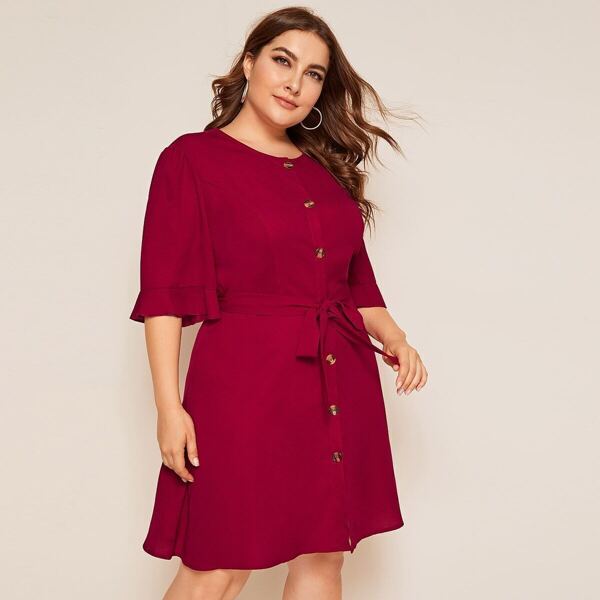 

Plus Button Front Flounce Sleeve Belted Dress
