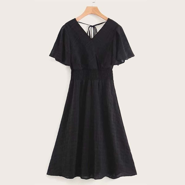 

Solid Shirred Waist Knot Back Dress