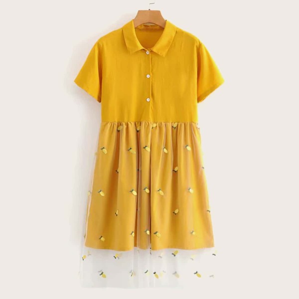 

Contrast Embroidery Mesh Shirt Dress