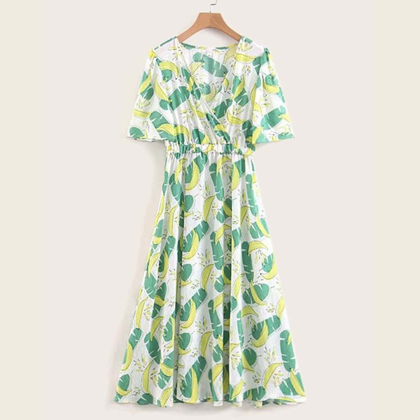 

Banana & Leaf Print Surplice Front Dress