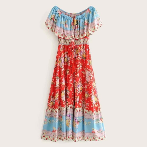 

Ditsy Floral Knot Detail Bardot Dress, Multicolor