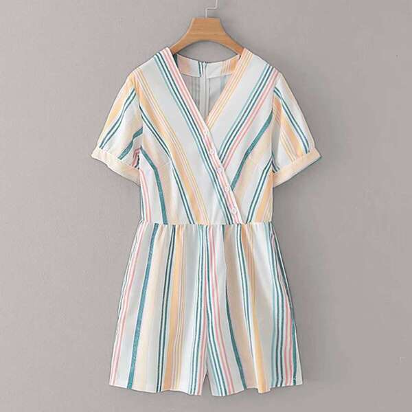 

Striped Button Detail Surplice Front Romper