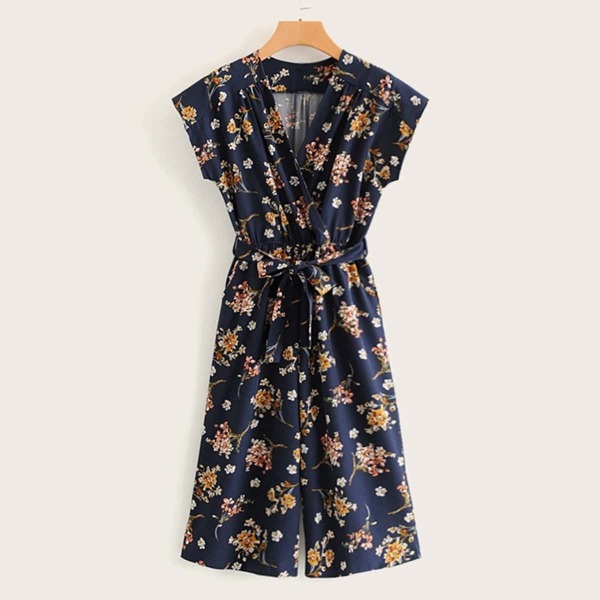 

Ditsy Floral Surplice Front Belted Jumpsuit, Multicolor