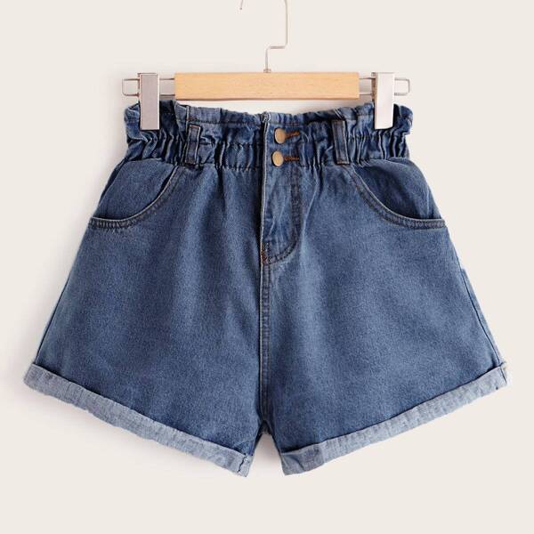 

Plus Roll Cuff Paperbag Waist Denim Shorts