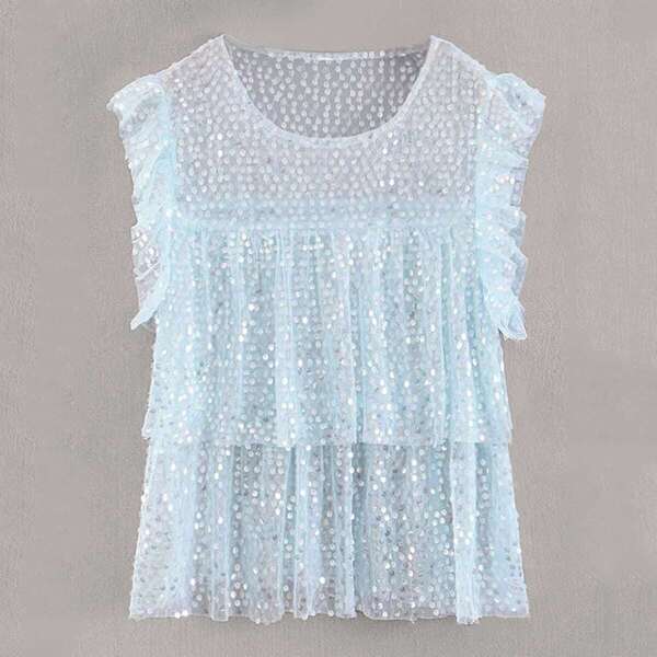 

Solid Frill Trim Sequin Top