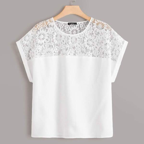 

Plus Solid Lace Insert Top, White