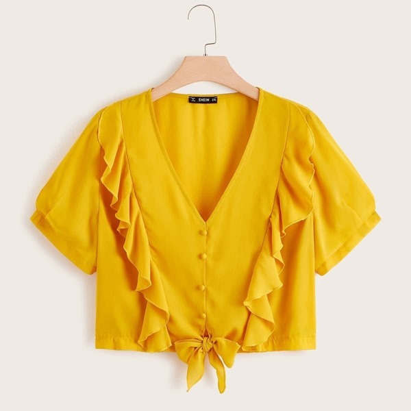 

Plus Solid Ruffle Trim Button Detail Top, Yellow