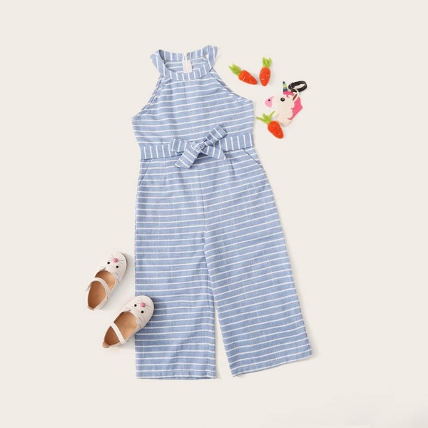 Girls Zipper Back Belted Striped Jumpsuit
