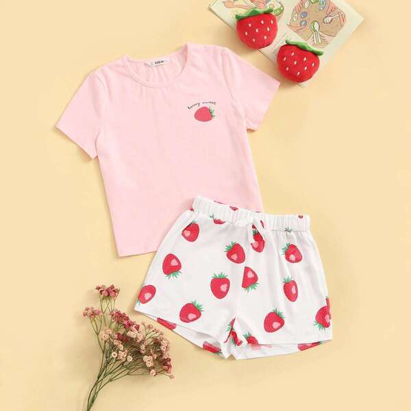 

Girls Strawberry Tee & Drawstring Waist Shorts PJ Set