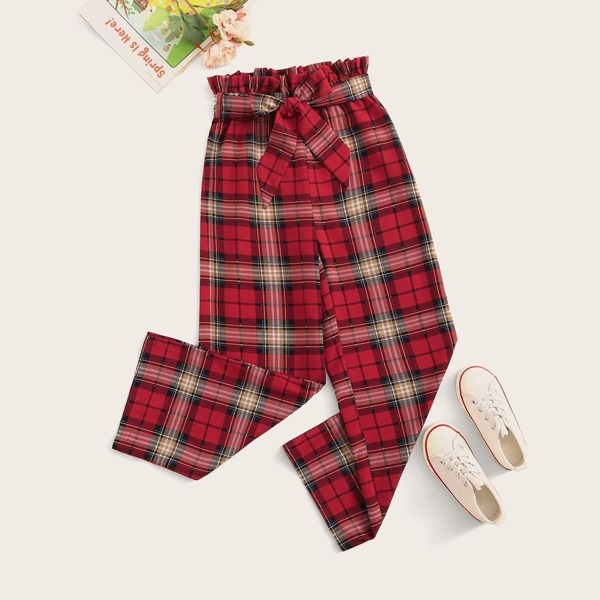 

Girls Paperbag Waist Belted Tartan Print Pants, Red