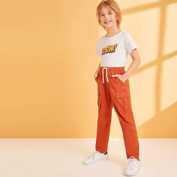 

Boys Drawstring Waist Flap Pocket Pants, Orange