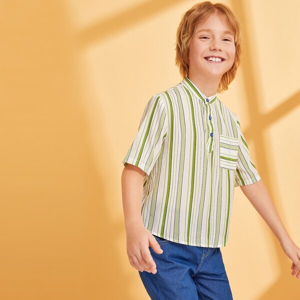 

Boys Pocket Front Half Placket Shirt, Green