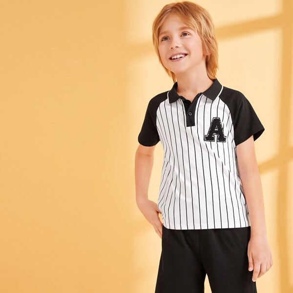 

Boys Striped Raglan Sleeve Letter Patch Polo Shirt