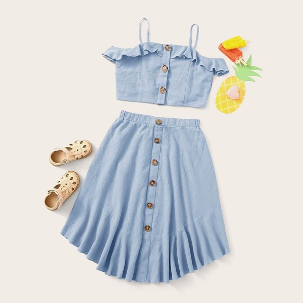 

Girls Buttoned Ruffle Trim Top & Curved Hem Skirt Set