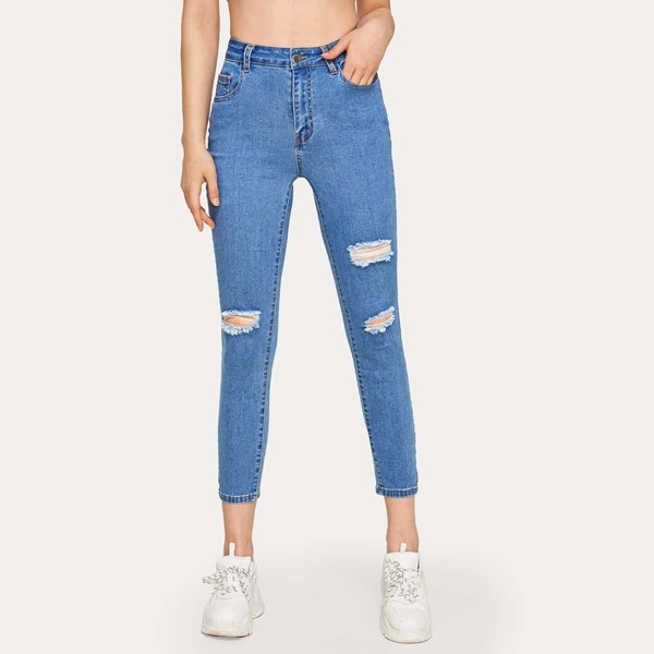 

Button Waist Ripped Jeans, Blue