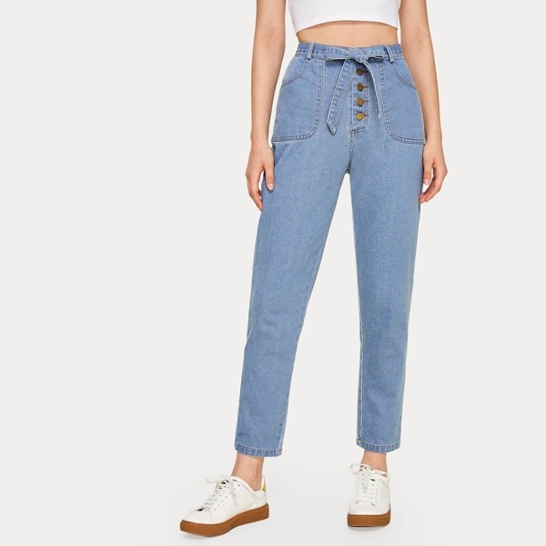 

Single Breasted Solid Belted Jeans